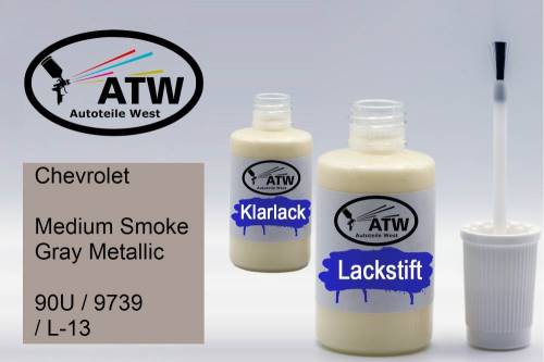 Chevrolet, Medium Smoke Gray Metallic, 90U / 9739 / L-13: 20ml Lackstift + 20ml Klarlack - Set, von ATW Autoteile West.